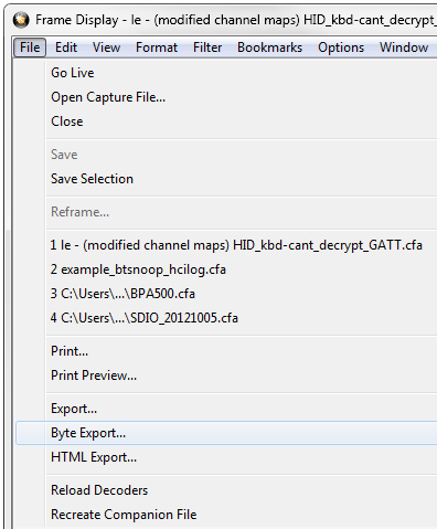 Frame Display Byte Export... Menu