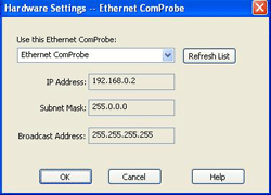 Ethernet ComProbe Hardware Settings Dialog