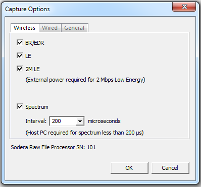 Sodera Capture Options dialog - Wireless devices tab
