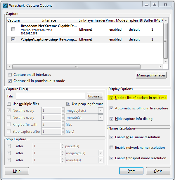 Wireshark Capture Options