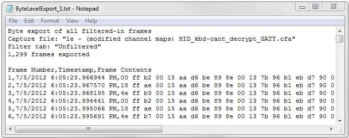 Sample Frame Display Byte Export file