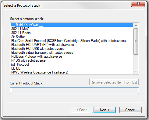 Select Protocol Stack dialog