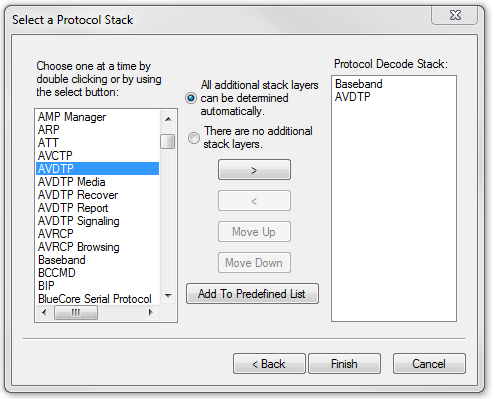 Manage Protocol Stack Selection dialog